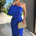 Women's One-Shoulder Twist-Front Midi Dress with Slit