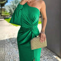 Women's One-Shoulder Twist-Front Midi Dress with Slit