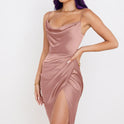Women's Christmas Dress – Satin, Cowl Neck, Ruched