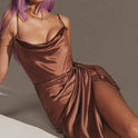Women's Christmas Dress – Satin, Cowl Neck, Ruched