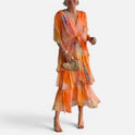 Midi Dress Tiered Wrap Waist V Neck Flutter Sleeve Floral