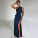 Women's One-Shoulder Satin Maxi Dress with High Split