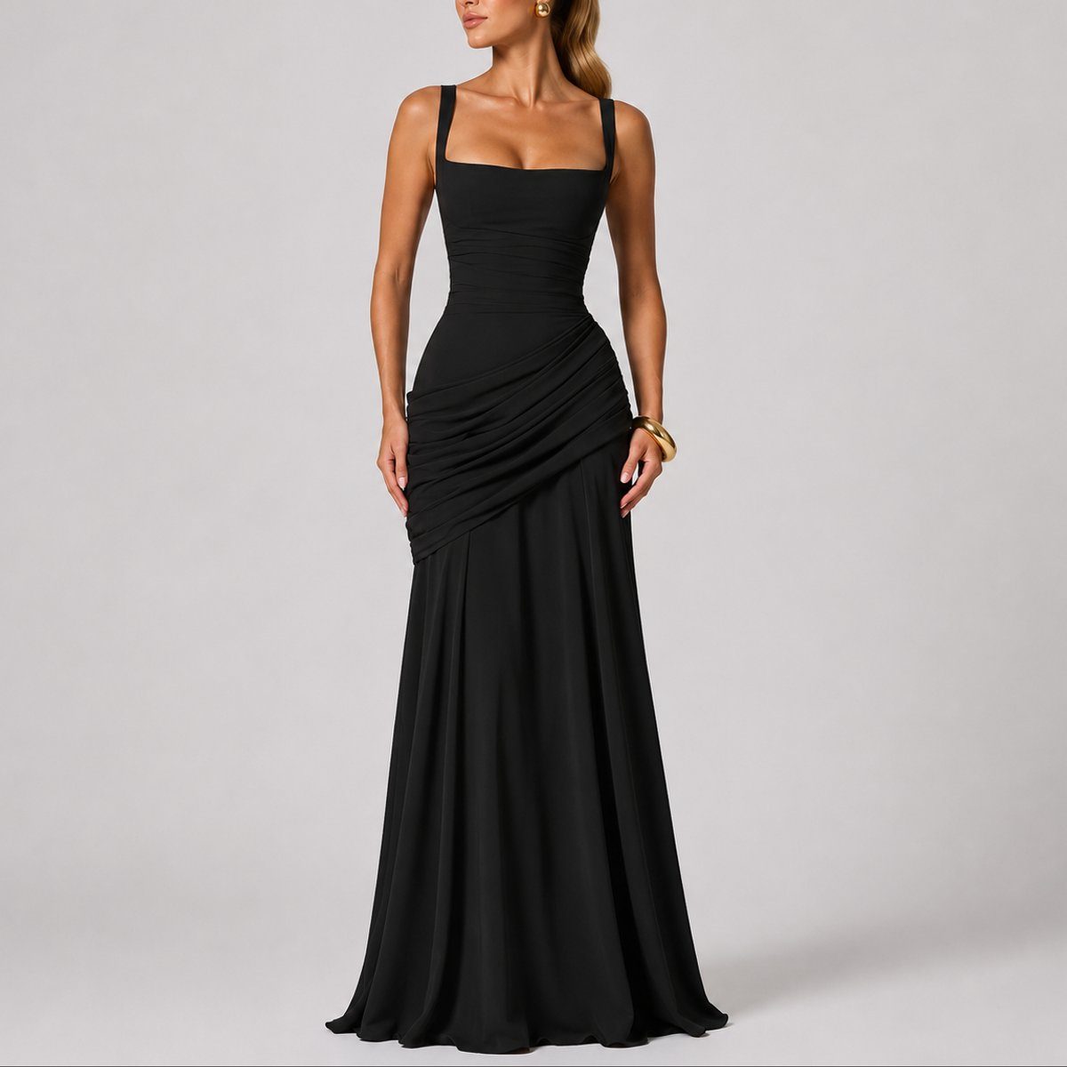 Autumn Wedding Guest Maxi Dress with Square Neck and Ruching for Women 0
