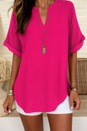 Women's Loose V-Neck Blouse with Rolled Sleeves