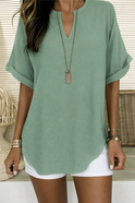 Women's Loose V-Neck Blouse with Rolled Sleeves