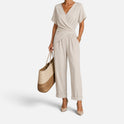 Plain Jumpsuit Wrap V Neck Short Sleeve