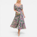 Floral Off-Shoulder Wedding Guest Midi Dress with Wrap Bodice