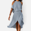 Wrap Tie Halter Cold Shoulder Sleeveless Midi Dress