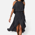 Wrap Tie Halter Cold Shoulder Sleeveless Midi Dress