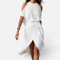 Wrap Tie Halter Cold Shoulder Sleeveless Midi Dress