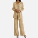Pant Suit Sequin Open Front Long Sleeve Wide Leg
