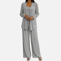 Pant Suit Sequin Open Front Long Sleeve Wide Leg