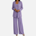 Pant Suit Sequin Open Front Long Sleeve Wide Leg