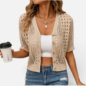 Cardigan Open Knit Button Front Short Sleeve V Neck