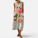 Midi Dress Sleeveless Relaxed Fit Floral Round Neck Printed