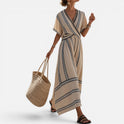 Maxi Dress Wrap Waist Striped V Neck Short Sleeve
