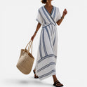 Maxi Dress Wrap Waist Striped V Neck Short Sleeve
