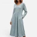 V Neck Striped Casual Midi Dress