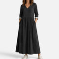 V Neck Striped Casual Midi Dress
