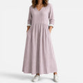 V Neck Striped Casual Midi Dress
