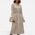 V Neck Striped Casual Midi Dress