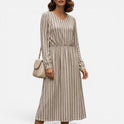 V Neck Striped Casual Midi Dress