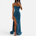 Maxi Dress Ruched High Slit Sweetheart Neck Spaghetti Strap Dress