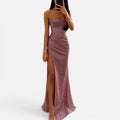Maxi Dress Ruched High Slit Sweetheart Neck Spaghetti Strap Dress