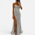 Maxi Dress Ruched High Slit Sweetheart Neck Spaghetti Strap Dress