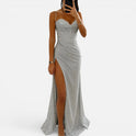 Maxi Dress Ruched High Slit Sweetheart Neck Spaghetti Strap Dress