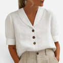 Button Blouse Front Short Sleeve Notch Collar