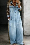 Women's Denim Jumpsuit with Leopard Print Sleeves
