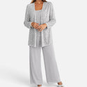 Pant Suit Sequin Open Front Long Sleeve Wide Leg