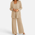 Pant Suit Sequin Open Front Long Sleeve Wide Leg