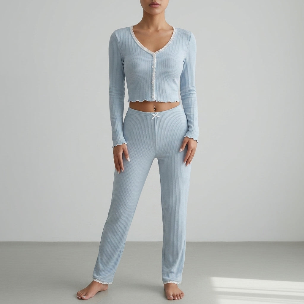 Corfu Ribbed Lace Trim Pajama Set 0