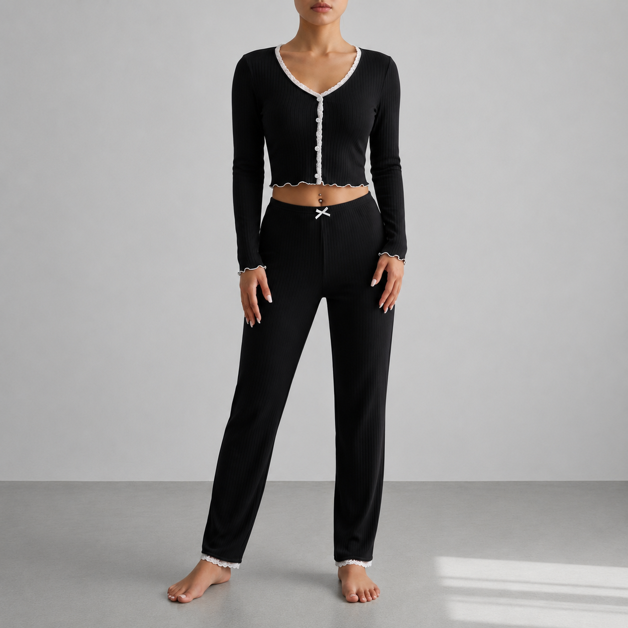 Corfu Ribbed Lace Trim Pajama Set 1