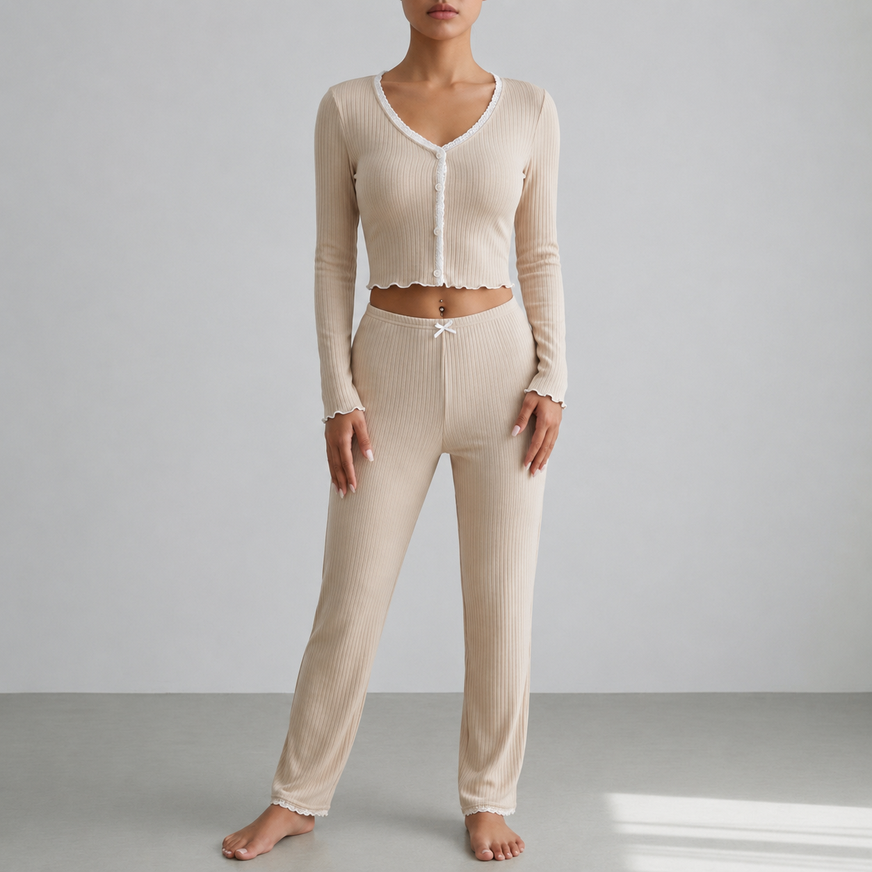 Corfu Ribbed Lace Trim Pajama Set 2