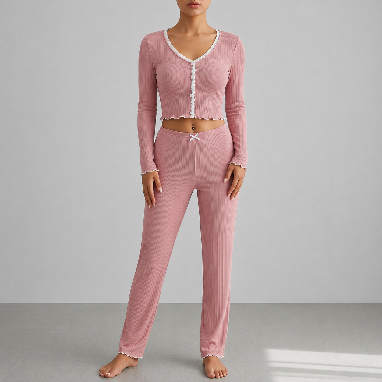 Corfu Ribbed Lace Trim Pajama Set 3
