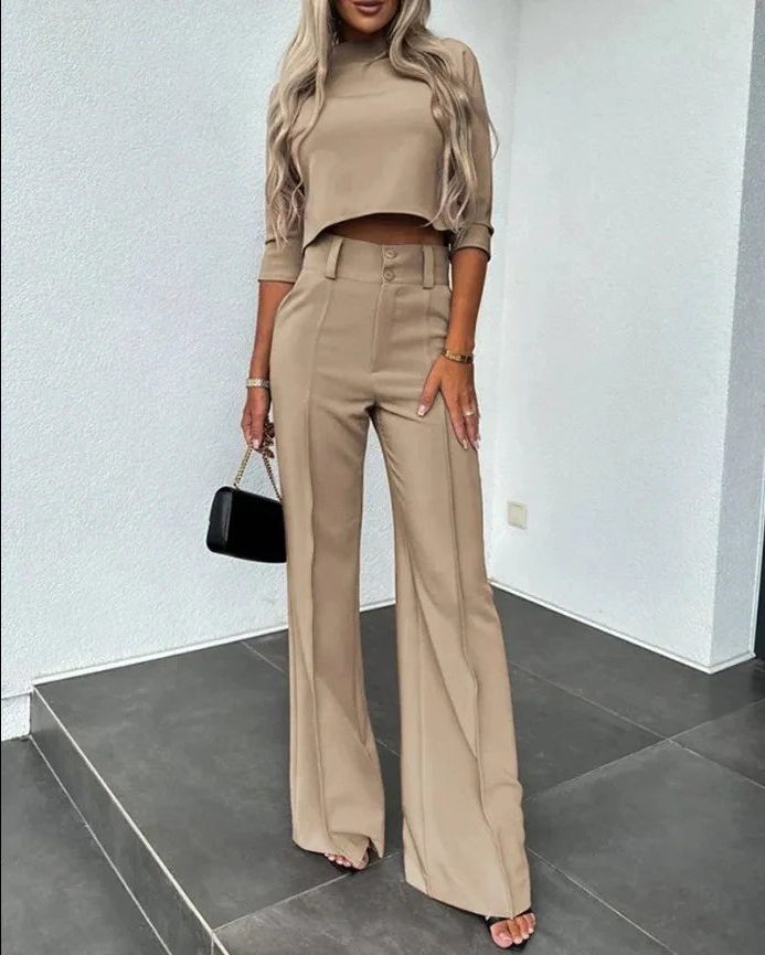 Cropped Top and Wide Leg Trousers Set with Long Sleeves for Women 0