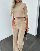 Cropped Top and Wide Leg Trousers Set with Long Sleeves for Women 1