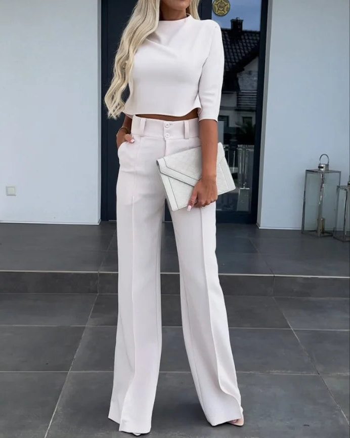 Cropped Top and Wide Leg Trousers Set with Long Sleeves for Women 2