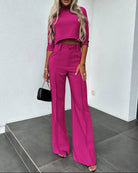 Cropped Top and Wide Leg Trousers Set with Long Sleeves for Women 3