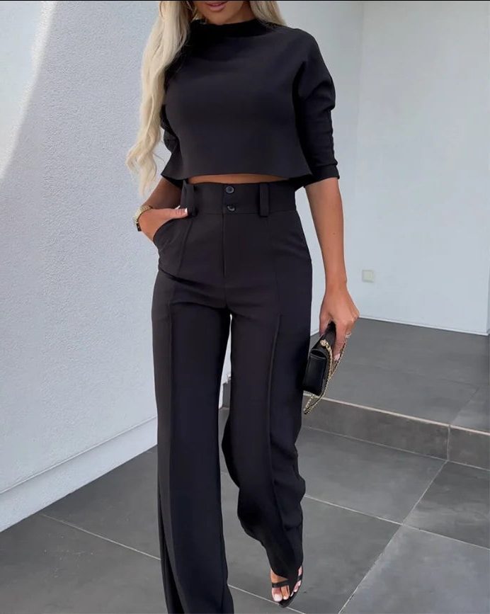 Cropped Top and Wide Leg Trousers Set with Long Sleeves for Women 4