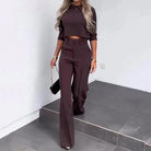 Cropped Top and Wide Leg Trousers Set with Long Sleeves for Women 5
