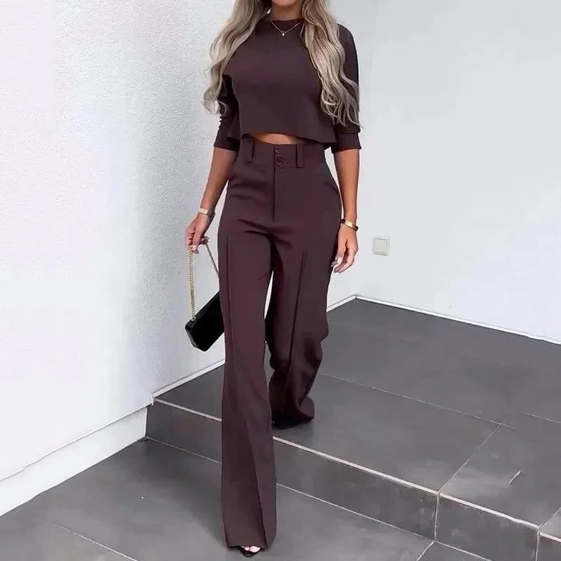 Cropped Top and Wide Leg Trousers Set with Long Sleeves for Women 5