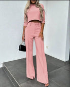 Cropped Top and Wide Leg Trousers Set with Long Sleeves for Women 6