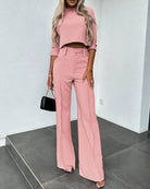 Cropped Top and Wide Leg Trousers Set with Long Sleeves for Women 7