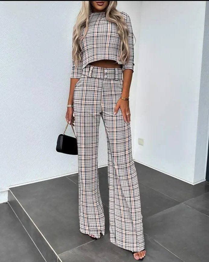Cropped Top and Wide Leg Trousers Set with Long Sleeves for Women 8