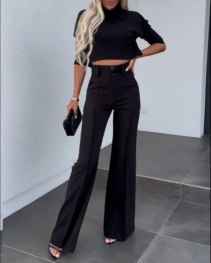 Cropped Top and Wide Leg Trousers Set with Long Sleeves for Women 9