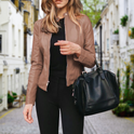 Women's Faux Leather Biker Jacket with Zip Front